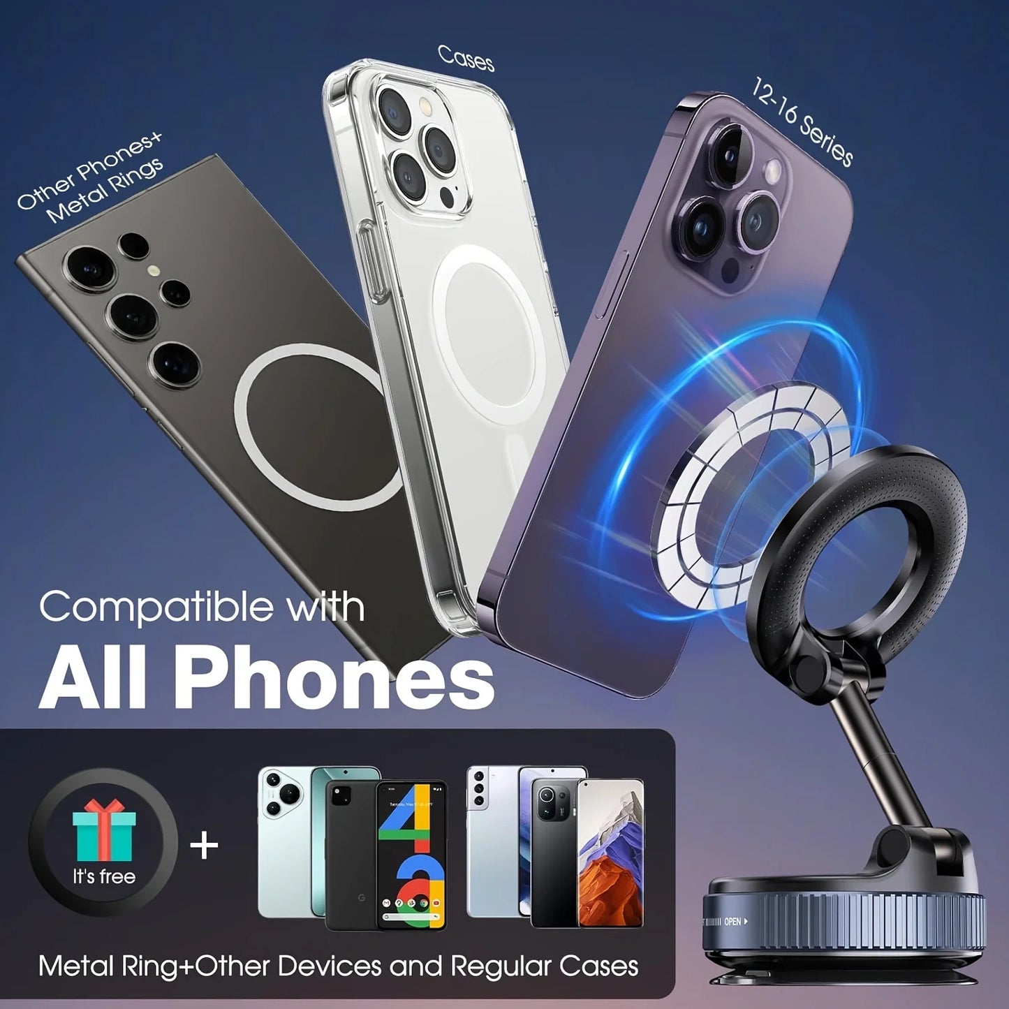 Magnetic Suction Cup Phone Mount for Magsafe 360° Adjustable Magnetic Car Phone Holder