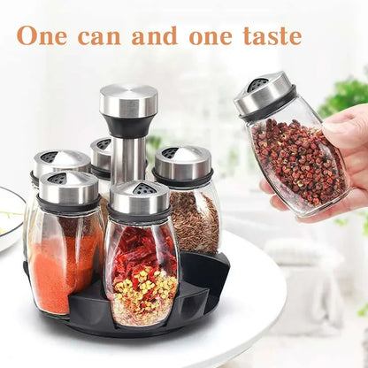 1/7pcs Spice Jar Set Rack Glass Organizer Rotating