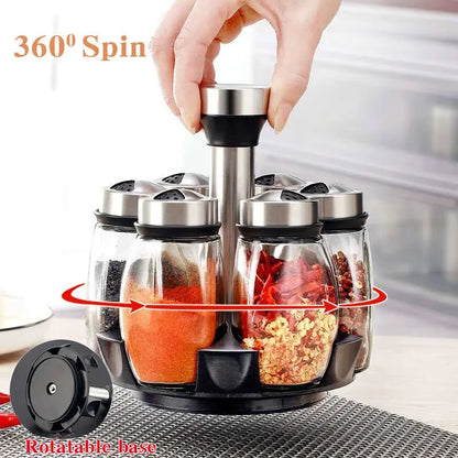 1/7pcs Spice Jar Set Rack Glass Organizer Rotating