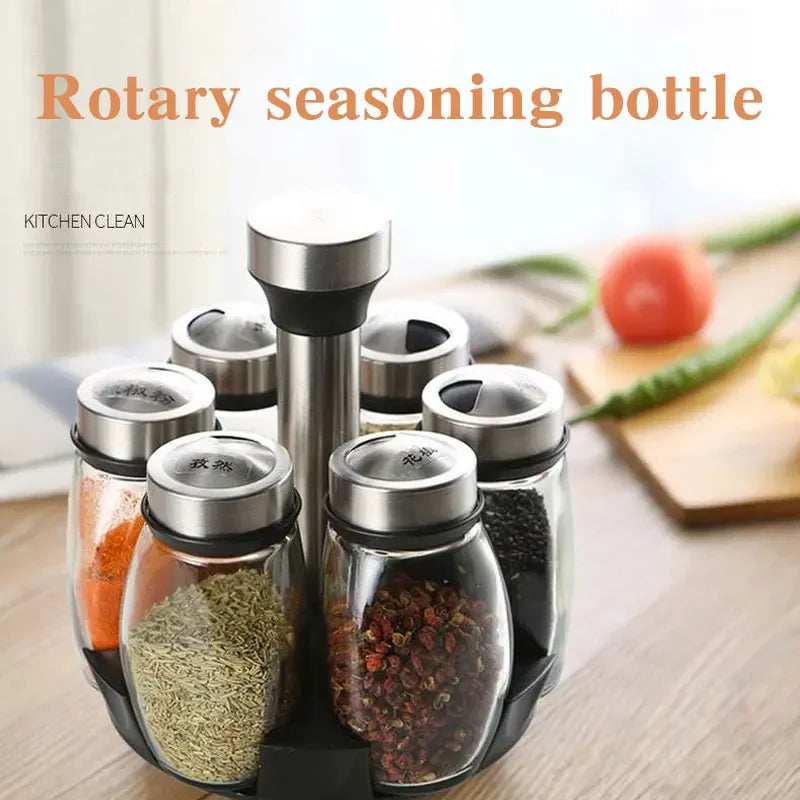 1/7pcs Spice Jar Set Rack Glass Organizer Rotating