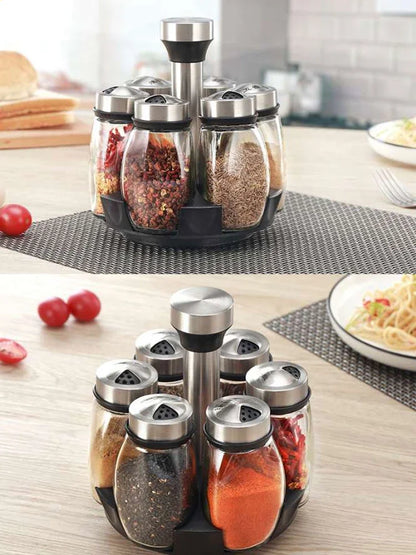 1/7pcs Spice Jar Set Rack Glass Organizer Rotating