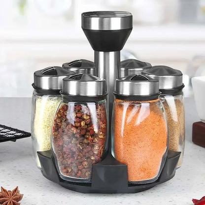 1/7pcs Spice Jar Set Rack Glass Organizer Rotating