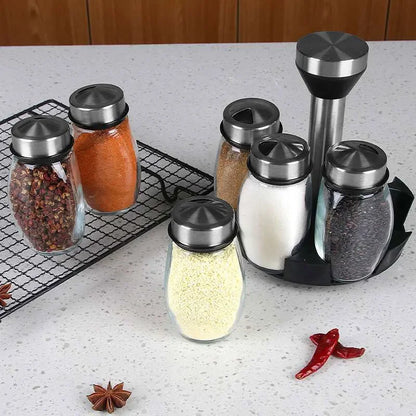 1/7pcs Spice Jar Set Rack Glass Organizer Rotating
